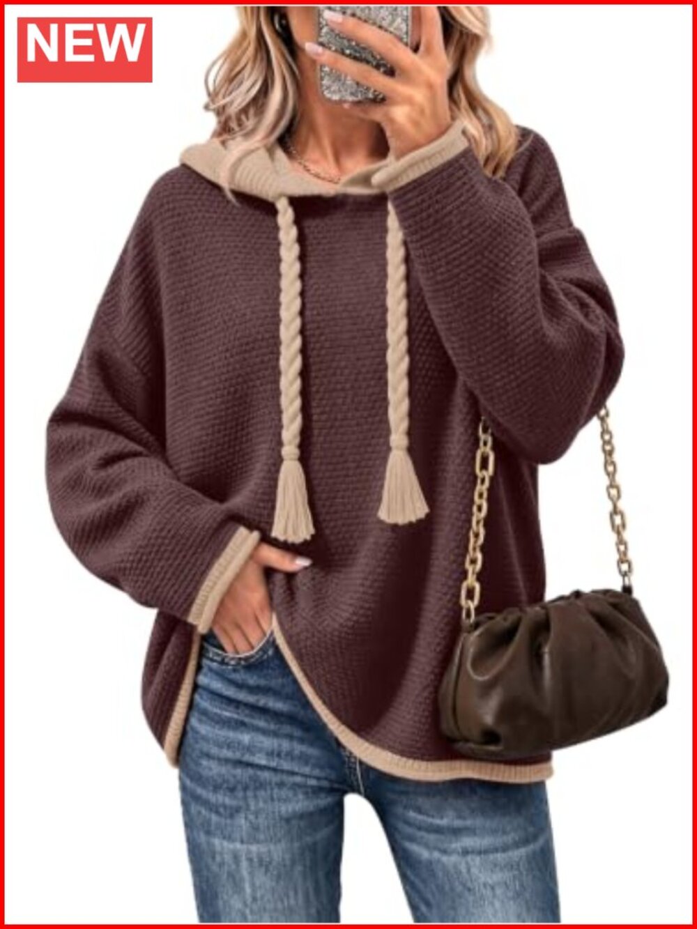 Oversized Hoodie Sweater Color-Block Tassel Drawstring Knit Pullover